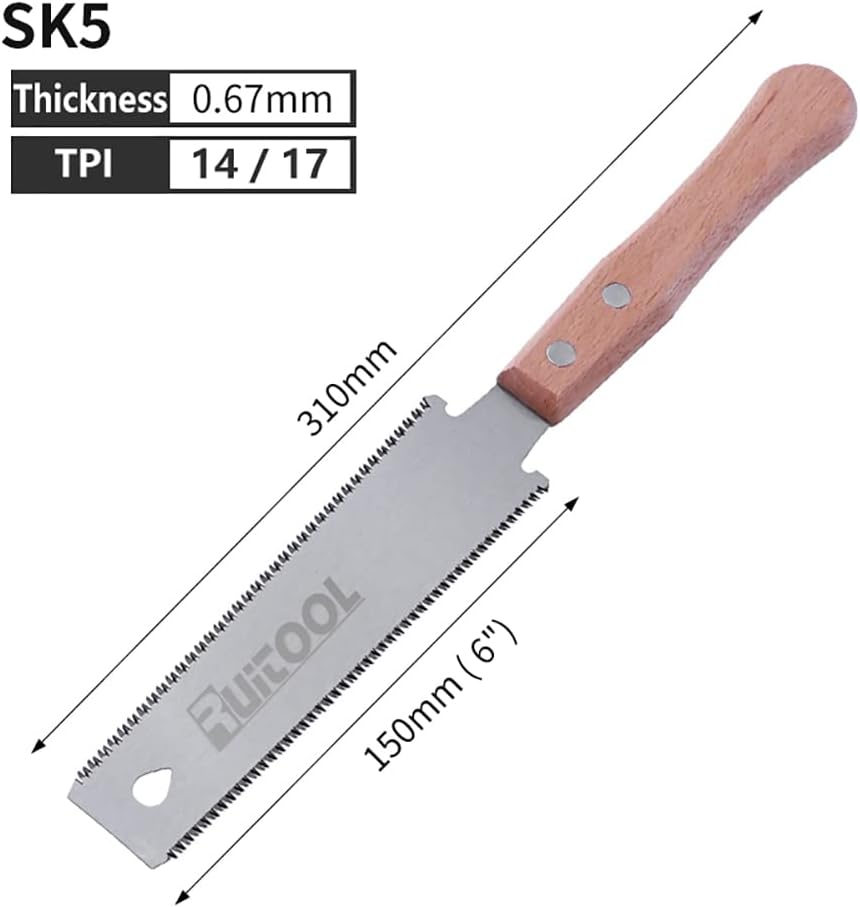 RUITOOL Japanese Hand Saw 6 Inch Double Edge Sided Pull Saw Ryoba SK5 Flexible Blade 14/17 TPI Flush Cut Beech Handle Wood Saw for Woodworking Tools - Image 4