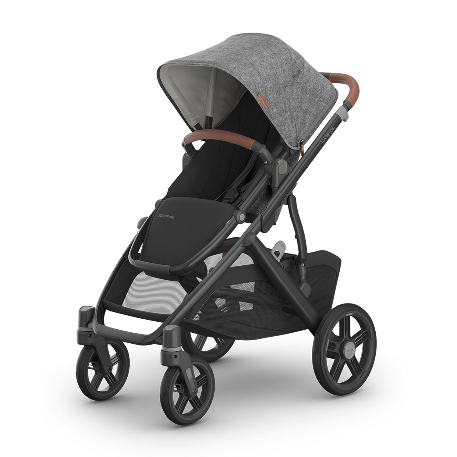 UPPAbaby Vista V3 Stroller - Full-Size Single-to-Double Stroller System - Toddler Seat, Bug Shield, Rain Shield, and Storage Bag Included - Greyson (Charcoal Mélange/Carbon Frame/Saddle Leather) - Image 2