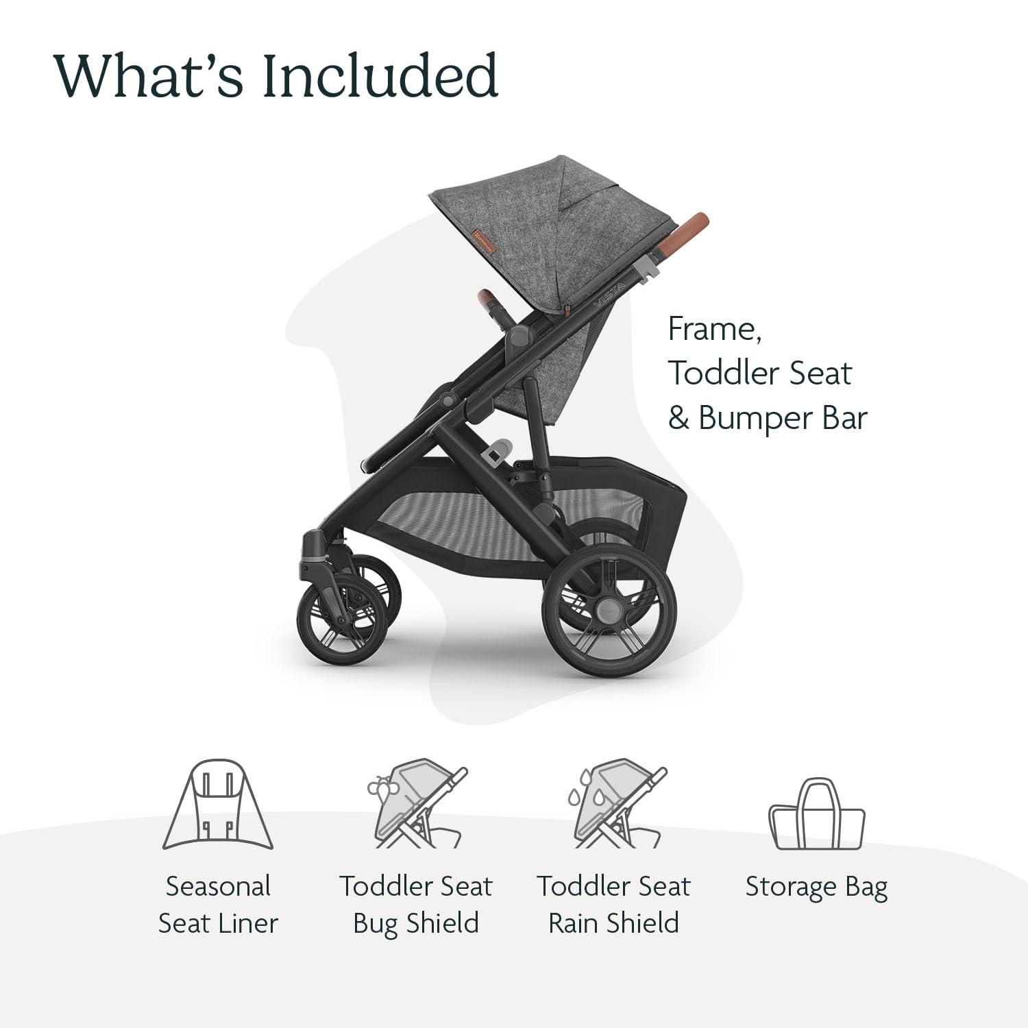 UPPAbaby Vista V3 Stroller - Full-Size Single-to-Double Stroller System - Toddler Seat, Bug Shield, Rain Shield, and Storage Bag Included - Greyson (Charcoal Mélange/Carbon Frame/Saddle Leather) - Image 3