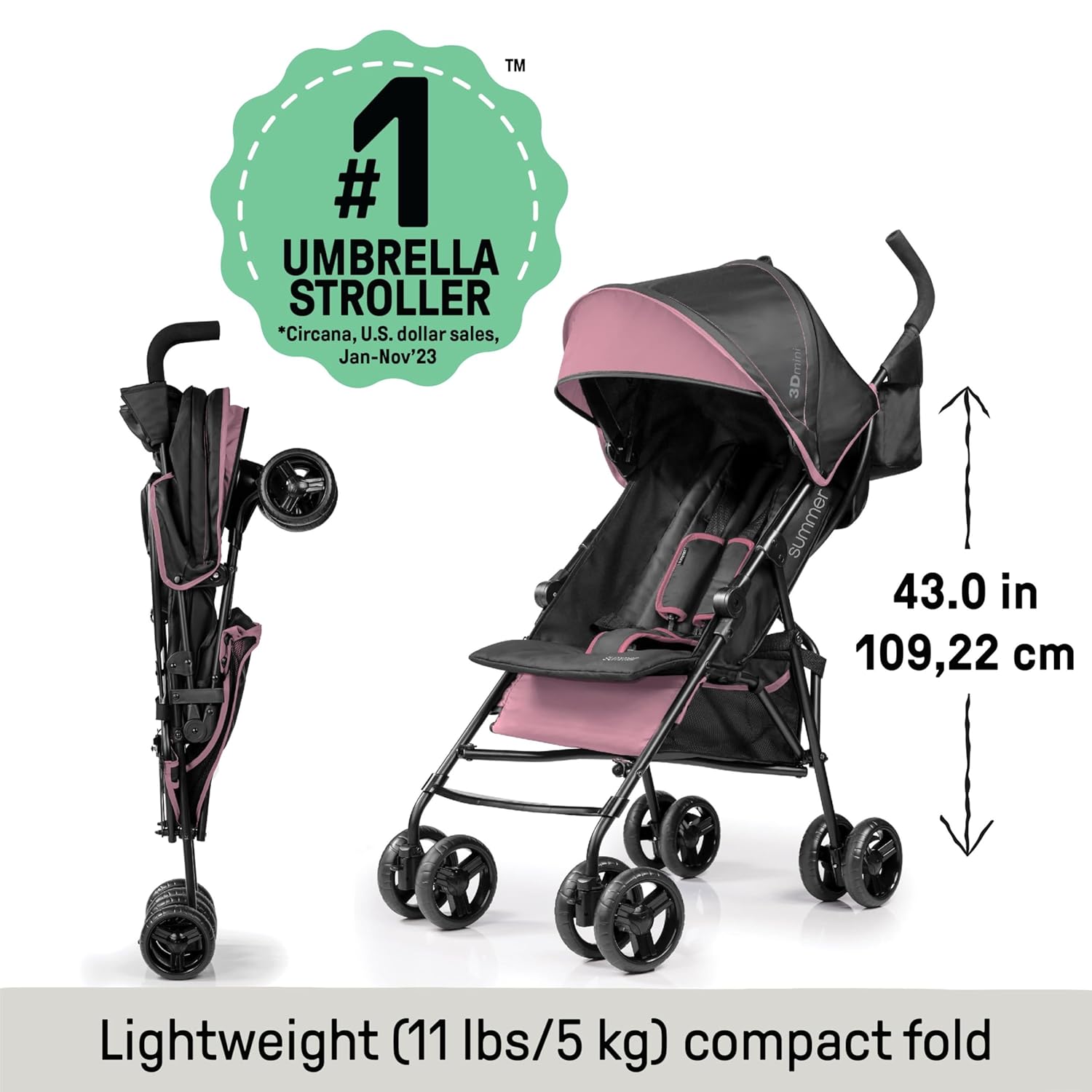 Summer by Ingenuity 3D Mini Convenience Stroller – Lightweight Stroller with Compact Fold, Multi-Position Recline, Canopy with Pop Out Sun Visor and More – Umbrella Stroller for Travel, Pink - Image 3