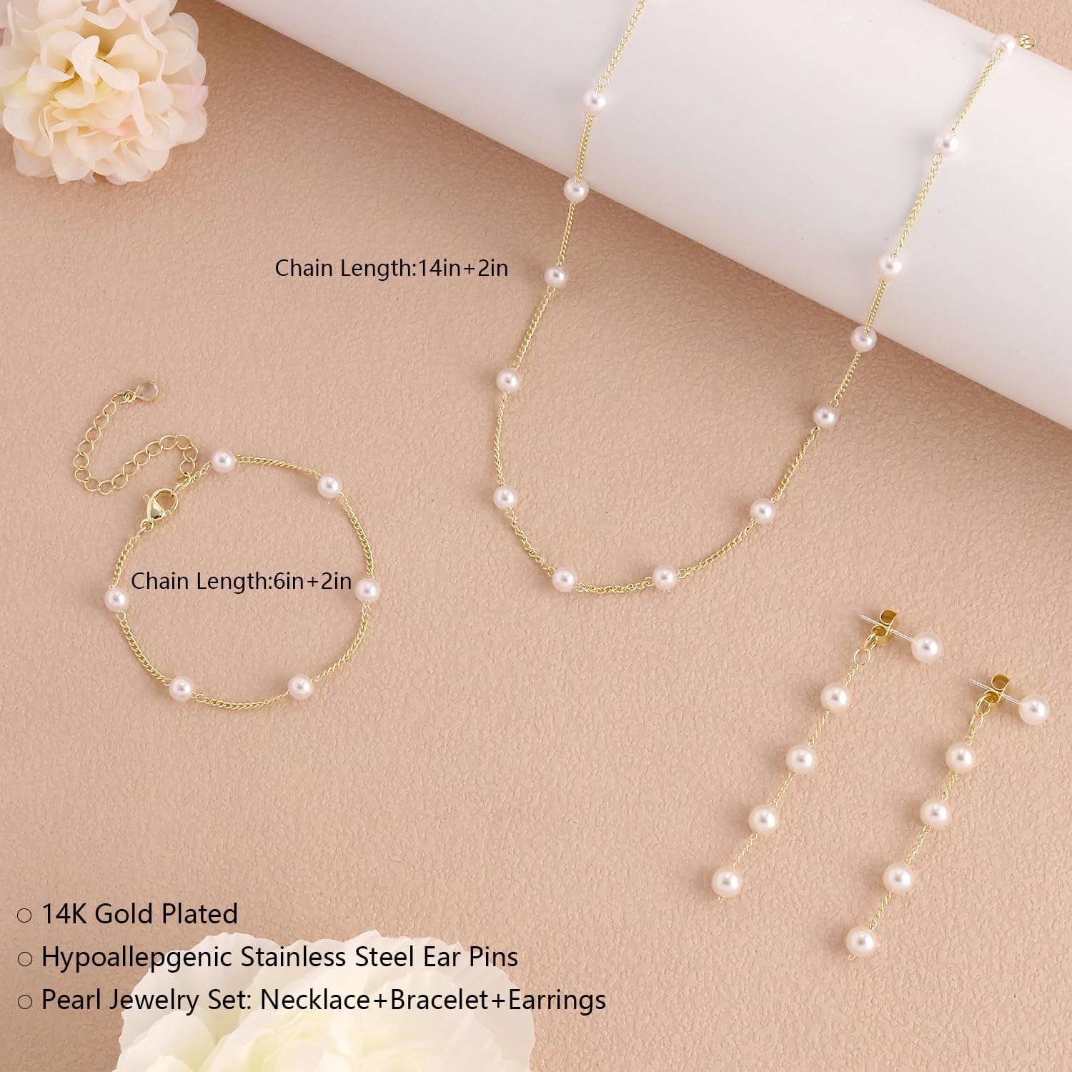 Gold Jewelry Set for Women, Dainty 14K Gold/Silver Plated Pearl Necklace and Earring Set with Drop Earrings, Bracelets, Choker Necklace - Wedding Jewelry Gift - Image 5