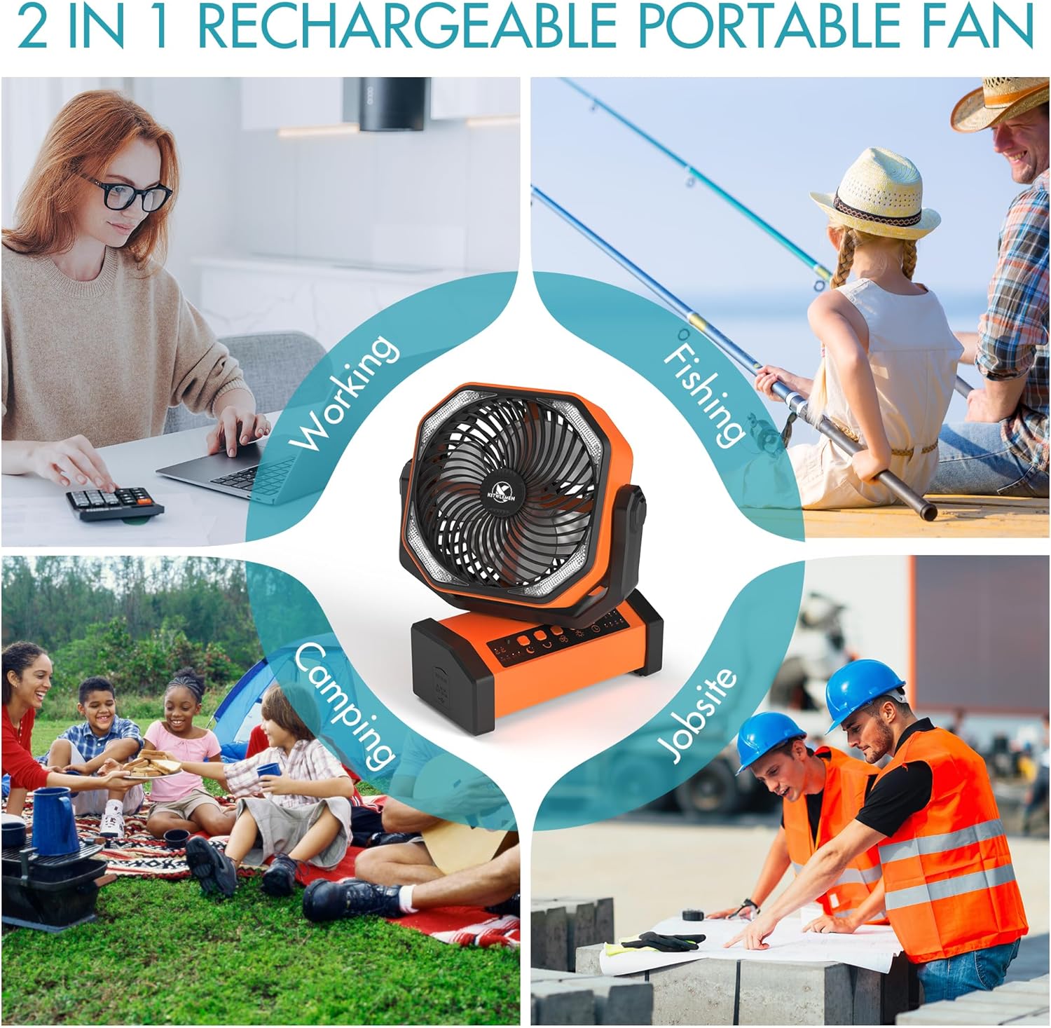 KITWLEMEN 20000mAh Camping Fan with LED Light, Auto-Oscillating Desk Fan with Remote & Hanging Hook, Rechargeable Battery Operated Tent Fan, 4 Timers USB Fan for Camping Jobsite Hurricane Emergency - Image 8