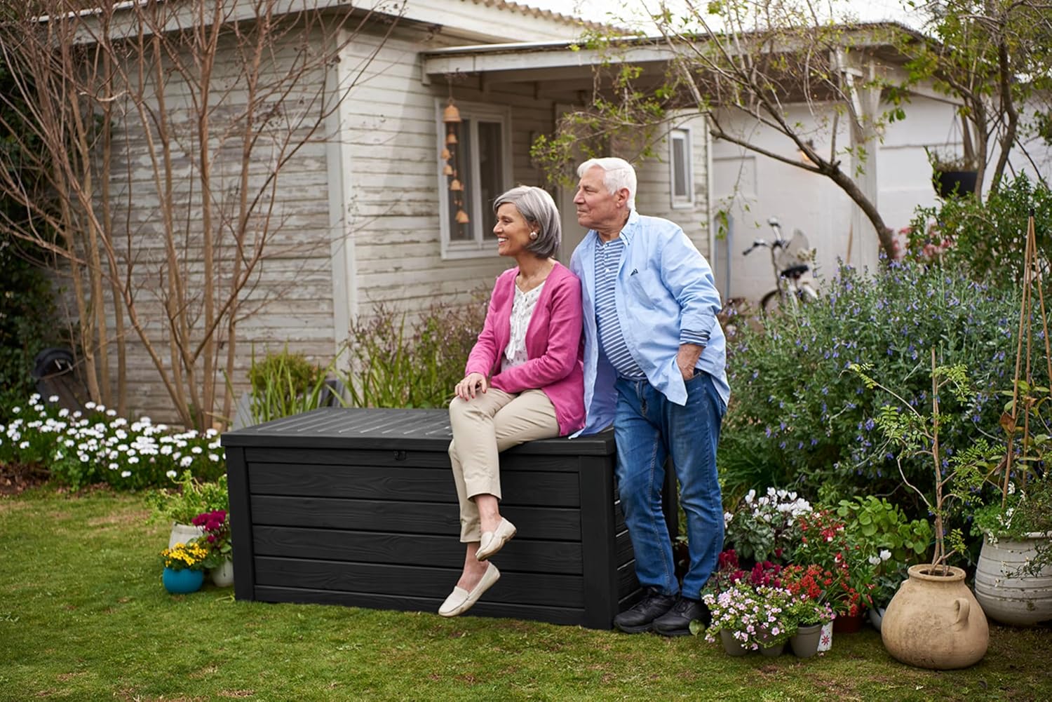 Keter Outdoor Storage Deck Box, 150 Gallon Resin Patio Bin & Bench, Solid, Dark Grey - Image 4