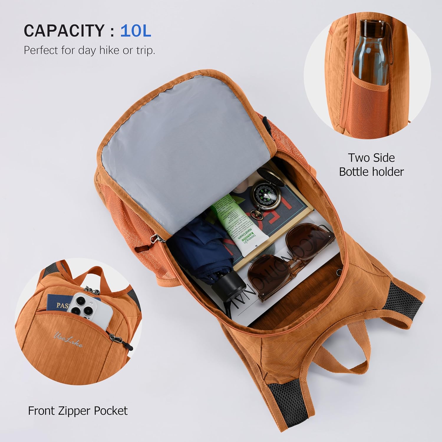 10L Small Hiking Backpack Travel Daypack Lightweight Packable Back Pack for Women Men(Orange) - Image 6