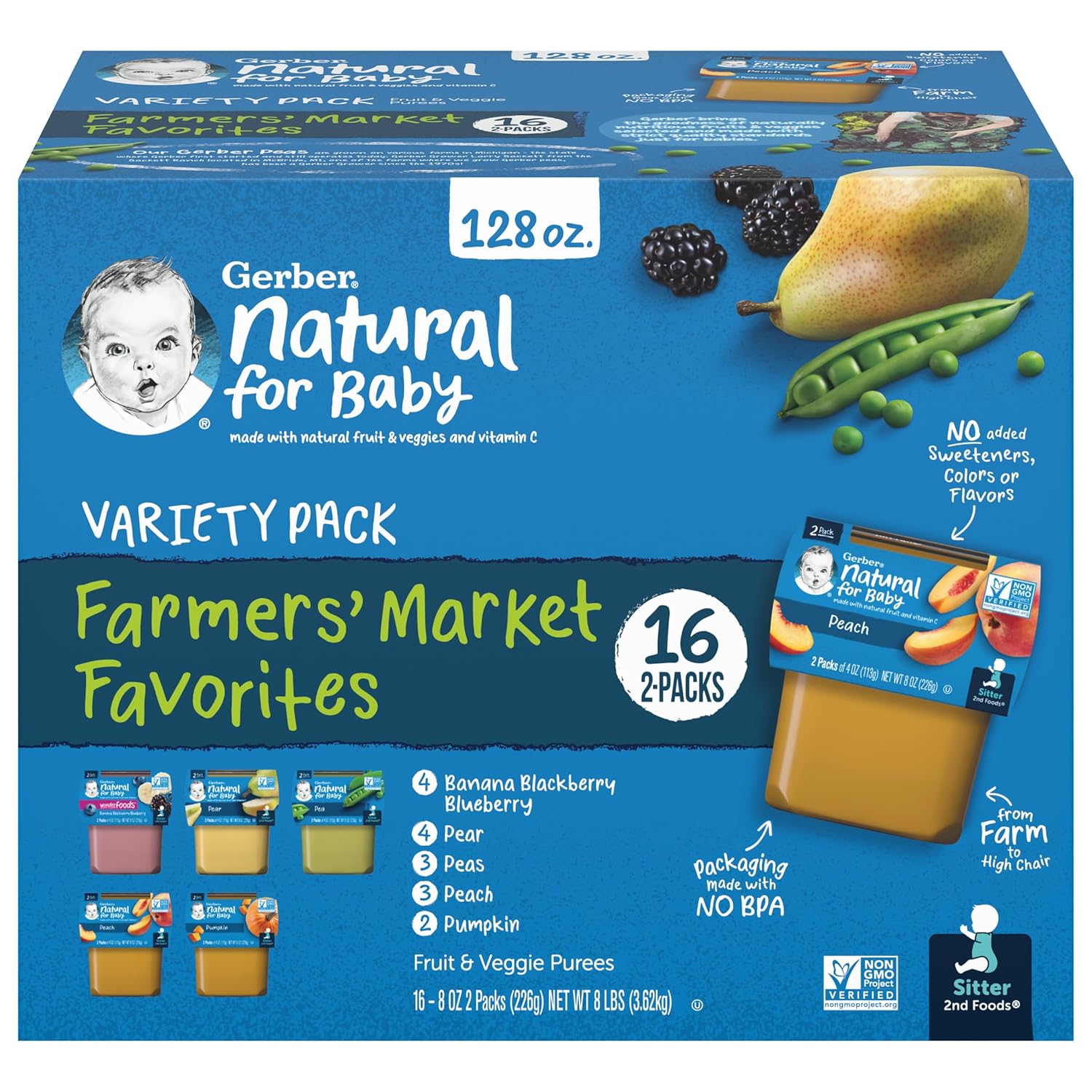 Gerber 2nd Foods Natural for Baby Farmers' Market Favorites Baby Food, Variety Pack, 4 oz Tubs (32 Pack) - Image 2