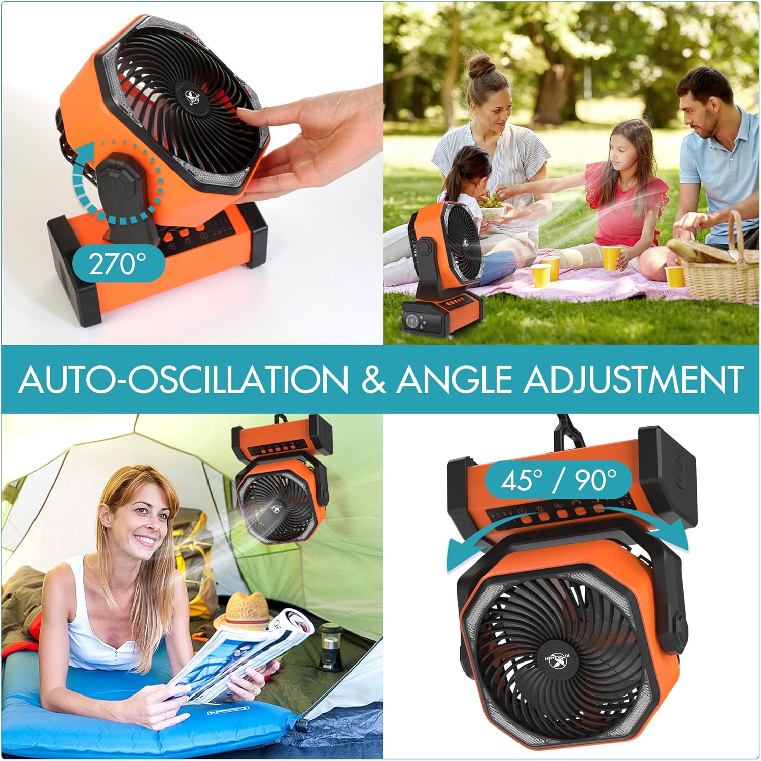 KITWLEMEN 20000mAh Camping Fan with LED Light, Auto-Oscillating Desk Fan with Remote & Hanging Hook, Rechargeable Battery Operated Tent Fan, 4 Timers USB Fan for Camping Jobsite Hurricane Emergency - Image 5