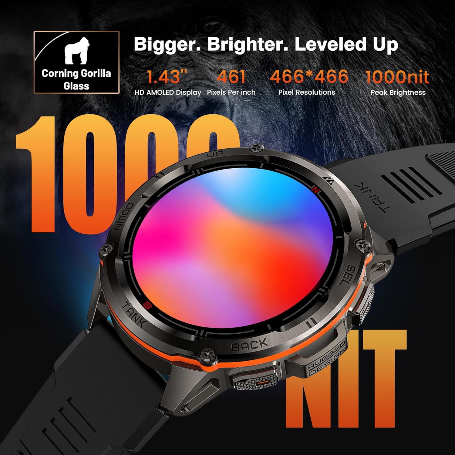 KOSPET Tank T3 Ultra Smart Watch for Men GPS, Extra-Long Battery, 50M Waterproof, Stainless Steel Unibody Rugged Smartwatch with Bluetooth Calling, 1.43" AMOLED Display, Pressure&Altitude&Compass - Image 4
