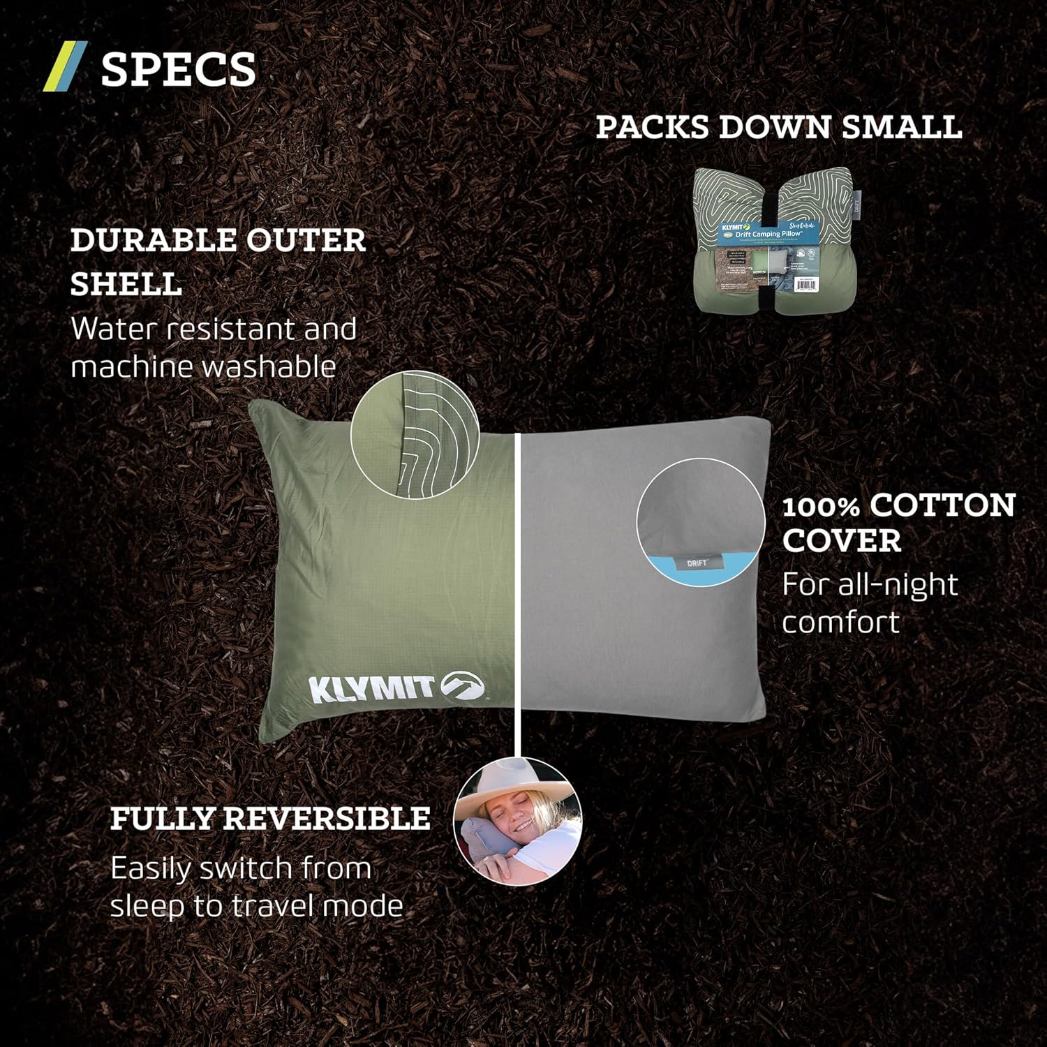 Klymit Drift Camping Pillow, Shredded Memory Foam Travel Pillow with Reversible Cover for Outdoor Use, Green, Large - Image 3
