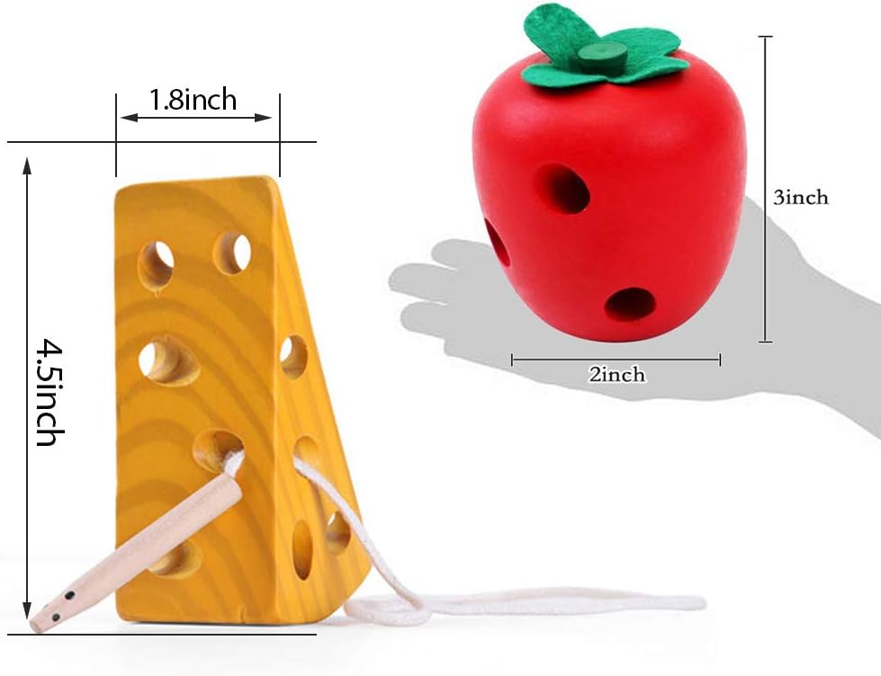Early Development Wooden Lacing Toys, Montessori Activity Caterpillars Eat Apple and Kids Cheese Toys, Children Learning Educational Wood Block Puzzles for Toddlers Boys Girls - Image 7