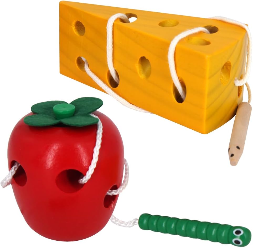 Early Development Wooden Lacing Toys, Montessori Activity Caterpillars Eat Apple and Kids Cheese Toys, Children Learning Educational Wood Block Puzzles for Toddlers Boys Girls - Image 2