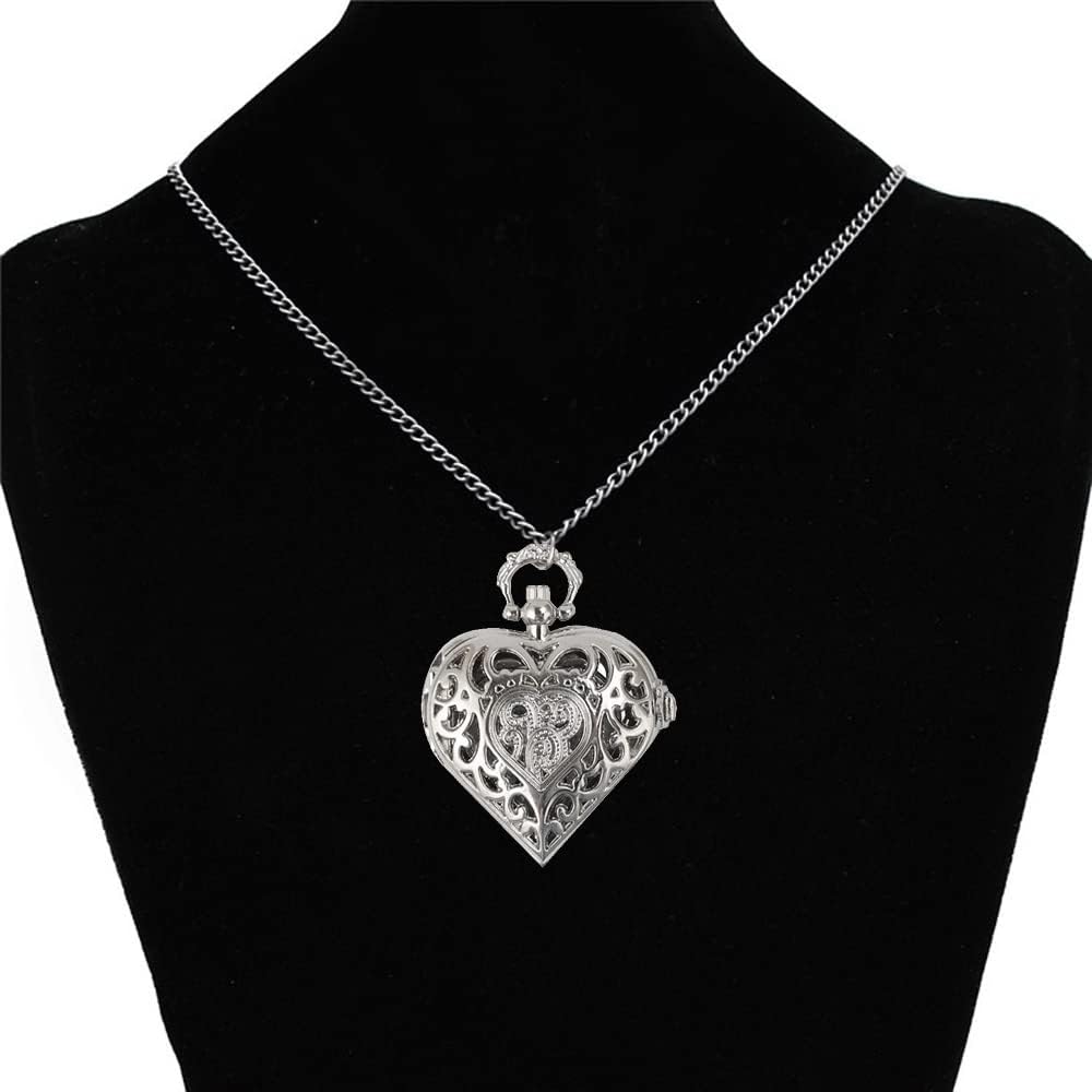 VIGOROSO Women's Pocket Watch, Analog Display, Quartz Movement, Silver Stainless Steel, Heart Pendant Necklace, Unisex Accessory, Valentines Day Gifts - Image 6