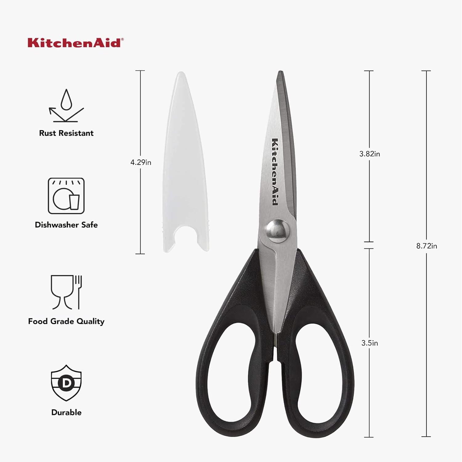 KitchenAid All Purpose Kitchen Shears with Protective Sheath Durable Stainless Steel Scissors, Dishwasher Safe, Soft Grip Comfort Handle, 8.72 Inch, Black - Image 8