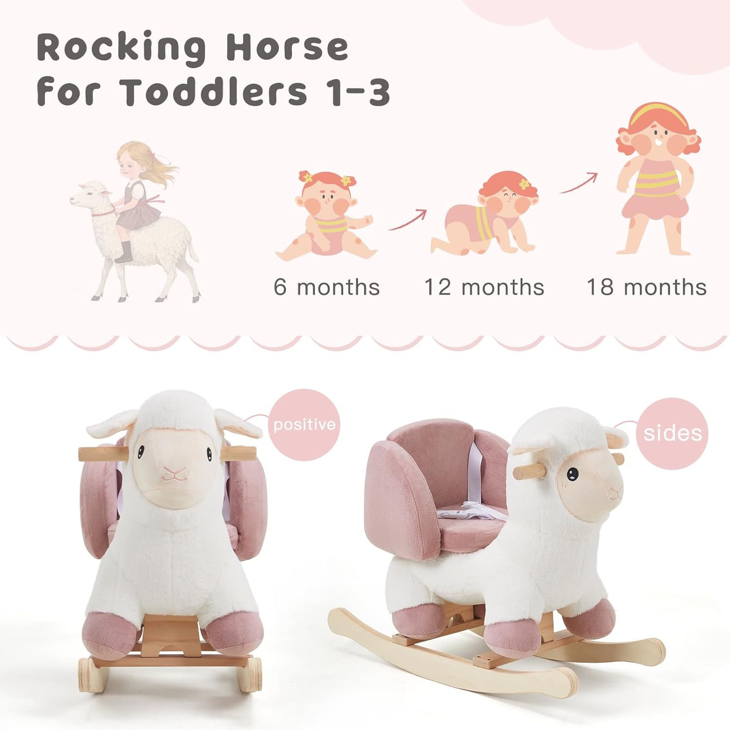 labebe - Baby Sheep Rocking Horse, Kids Plush Stuffed Rocking Animals, Ovis Aries Rocker with Seatbelt for 6 Months Babies, White Romney Rocking Horse for Toddler 1-3 Age Girl - Image 5