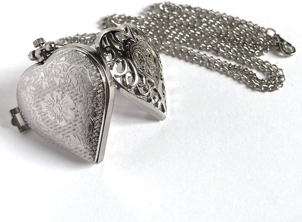 VIGOROSO Women's Pocket Watch, Analog Display, Quartz Movement, Silver Stainless Steel, Heart Pendant Necklace, Unisex Accessory, Valentines Day Gifts - Image 7