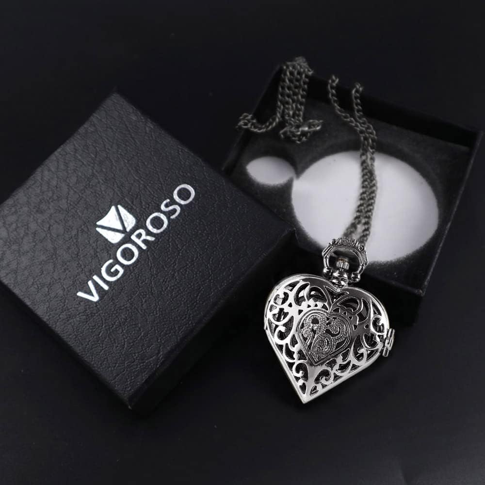 VIGOROSO Women's Pocket Watch, Analog Display, Quartz Movement, Silver Stainless Steel, Heart Pendant Necklace, Unisex Accessory, Valentines Day Gifts - Image 9