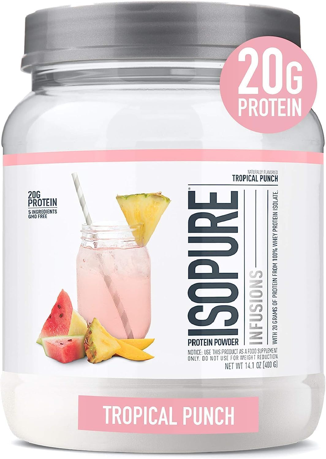 Isopure Clear Whey Isolate Protein Powder Infusions, Lactose Free, Gluten Free, Naturally Flavored, Tropical Punch, 20g Protein Per Serving, 14.1 Oz, 16 Servings - Image 2