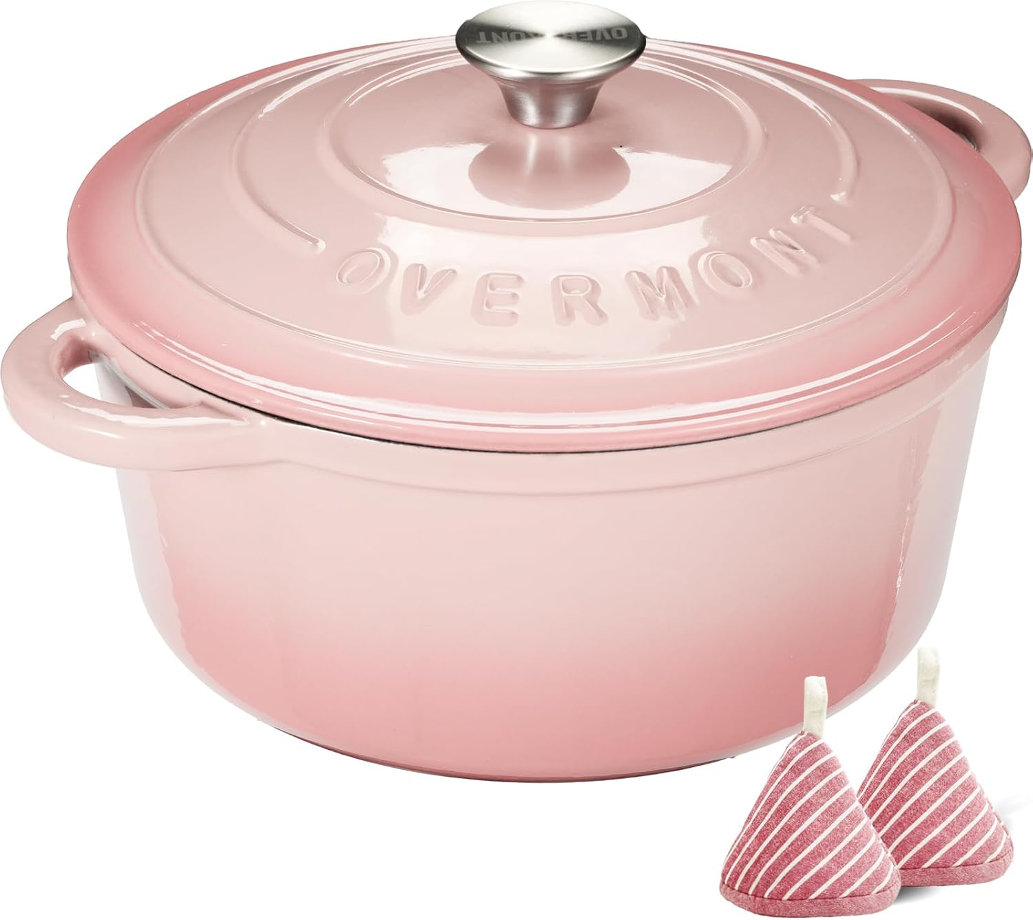 Overmont Enameled Cast Iron Dutch Oven - 5.5QT Pot with Lid Cookbook & Cotton Potholders - Heavy-Duty Cookware for Braising, Stews, Roasting, Bread Baking pink - Image 2