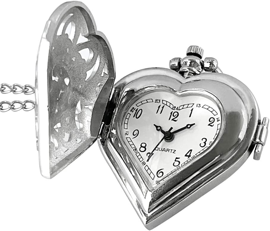 VIGOROSO Women's Pocket Watch, Analog Display, Quartz Movement, Silver Stainless Steel, Heart Pendant Necklace, Unisex Accessory, Valentines Day Gifts - Image 4