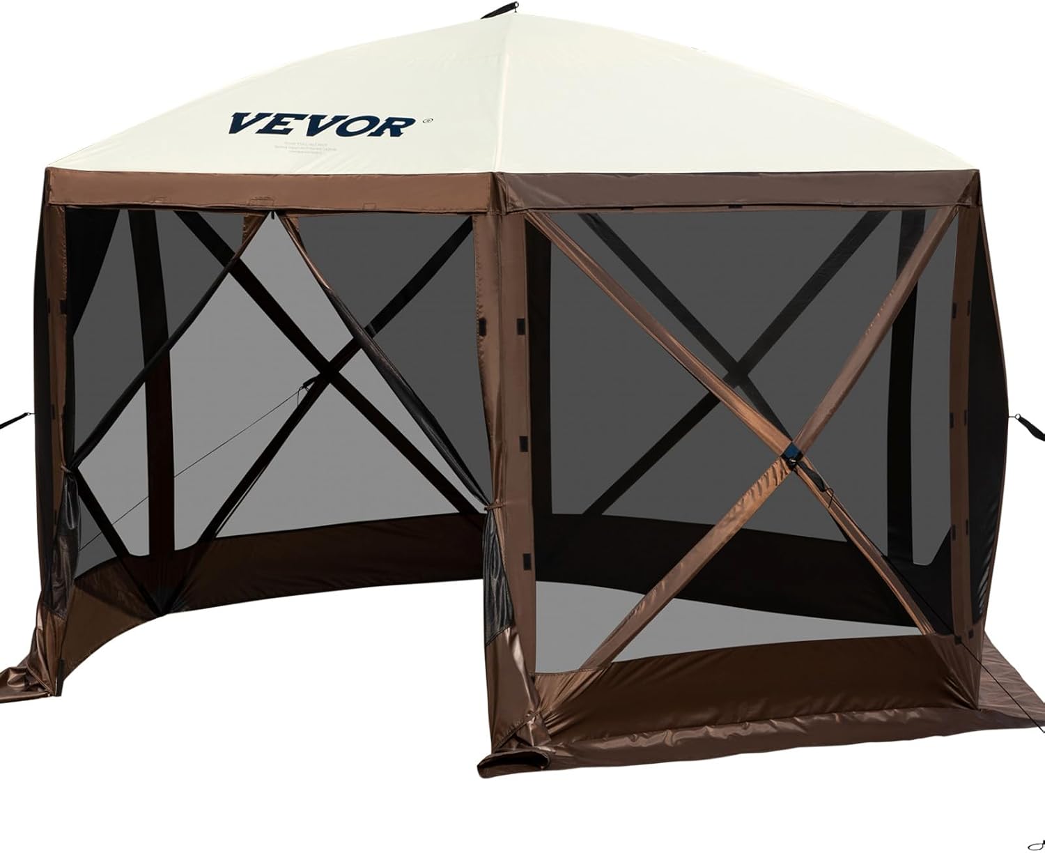 VEVOR 12 * 12ft 6 Sided Pop-up Canopy Shelter Tent with Mesh Windows, Portable Carry Bag, Stakes, Large Shade Tents for Outdoor Camping, Lawn and Backyard, Brown/Beige - Image 5