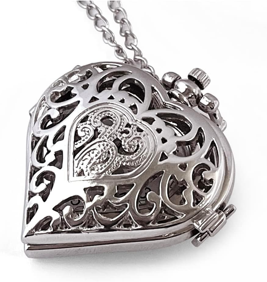 VIGOROSO Women's Pocket Watch, Analog Display, Quartz Movement, Silver Stainless Steel, Heart Pendant Necklace, Unisex Accessory, Valentines Day Gifts - Image 2