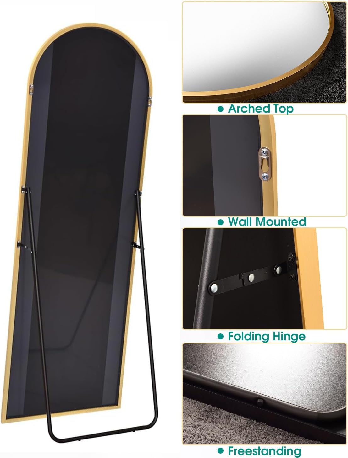 Arched Full Length Mirror - 18"58" Floor & Wall Mounted Mirror for Bedroom & Living Room, Gold - Image 5