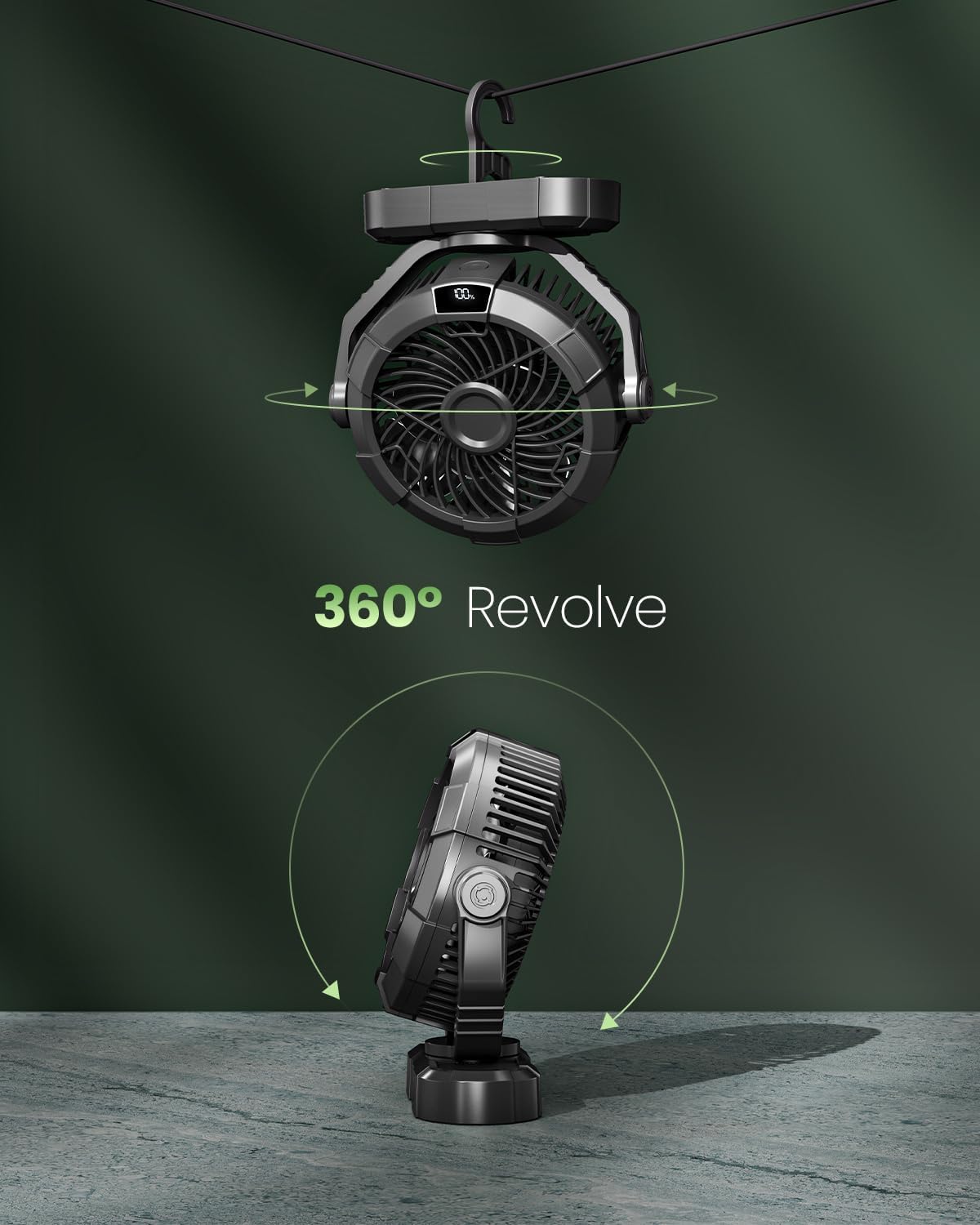 Gaiatop Portable Camping Fan with LED Lantern, Power Display 360° Head Rotation, Hanging Hook for Tent, 3 Speed Quiet Rechargeable, 4000mAh Battery Operated USB Fans for Indoor Outdoor Travel Black - Image 5