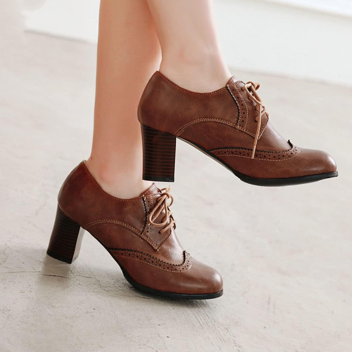 SHEMEE Women's Chunky High Heels Wingtip Oxfords Round Toe Lace Up Stacked Block Heel Vintage Brogues Pumps Shoes - Image 3