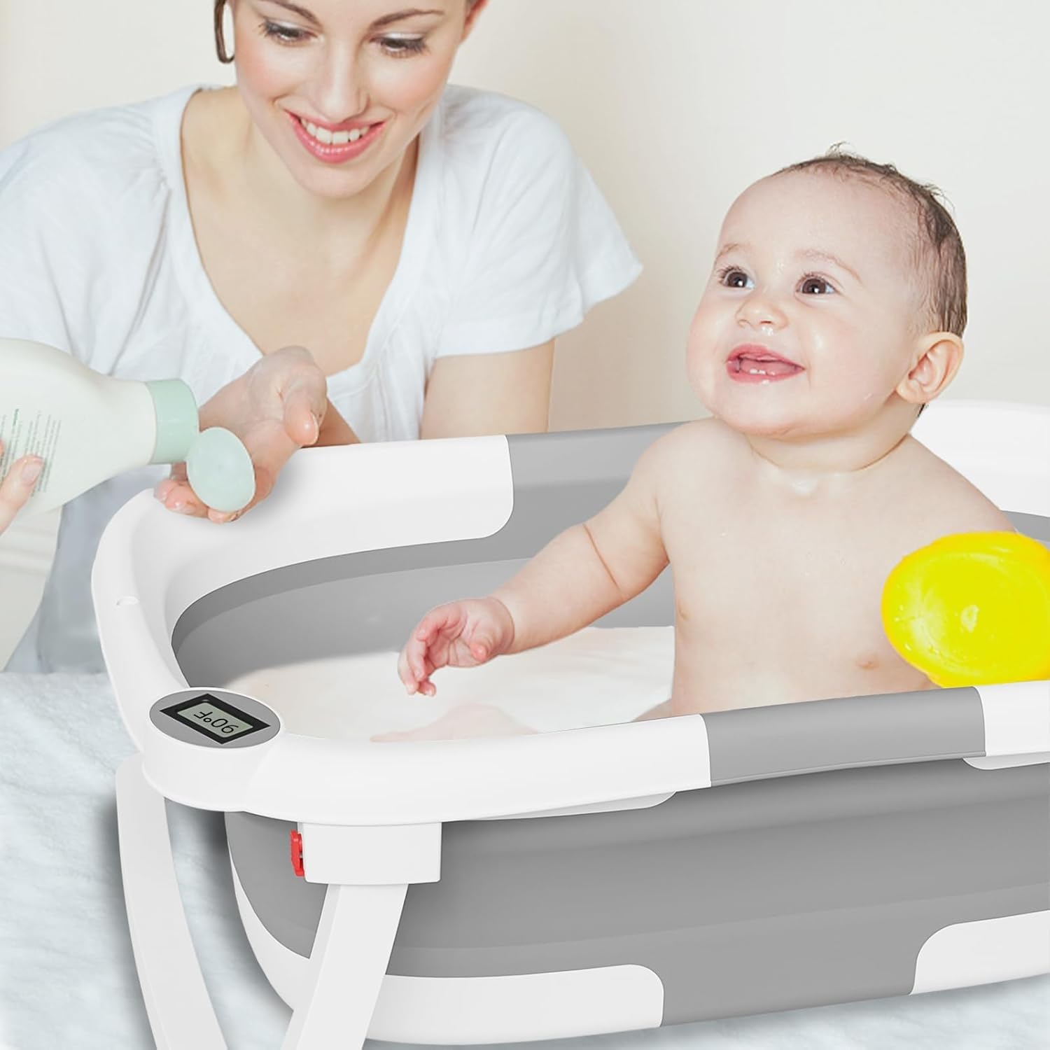 Collapsible Baby Bathtub,Baby Bath Tub with Soft Cushion & Thermometer,Baby Bathtub Newborn to Toddler 0-36 Months,Portable Travel Baby Tub,Gray - Image 3