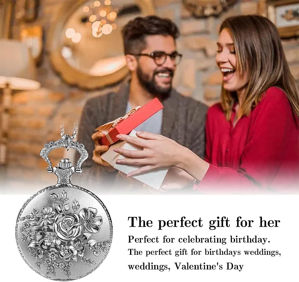 BOSHIYA Retro Flower Openwork Cover Quartz Pocket Watch with Chain Half Hunter Pocket Watches for Women with Box, for Mother's Day - Image 9
