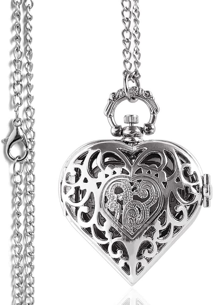 VIGOROSO Women's Pocket Watch, Analog Display, Quartz Movement, Silver Stainless Steel, Heart Pendant Necklace, Unisex Accessory, Valentines Day Gifts - Image 3