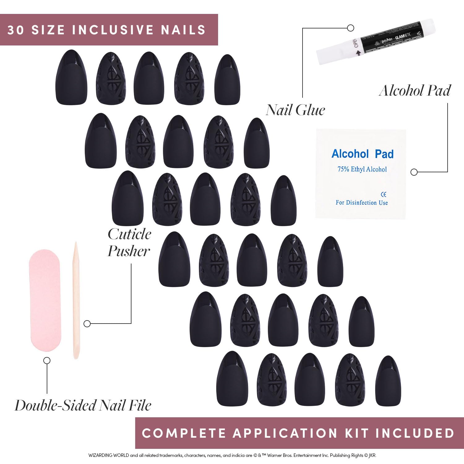 Harry Potter™ x Glamnetic Press On Nails - Deathly Hallows™ | Black Harry Potter™ Graphic Short Almond False Nails, Reusable Stick On Fake Nails with Glue | Salon Quality | 15 Sizes - 30 Nail Kit - Image 5