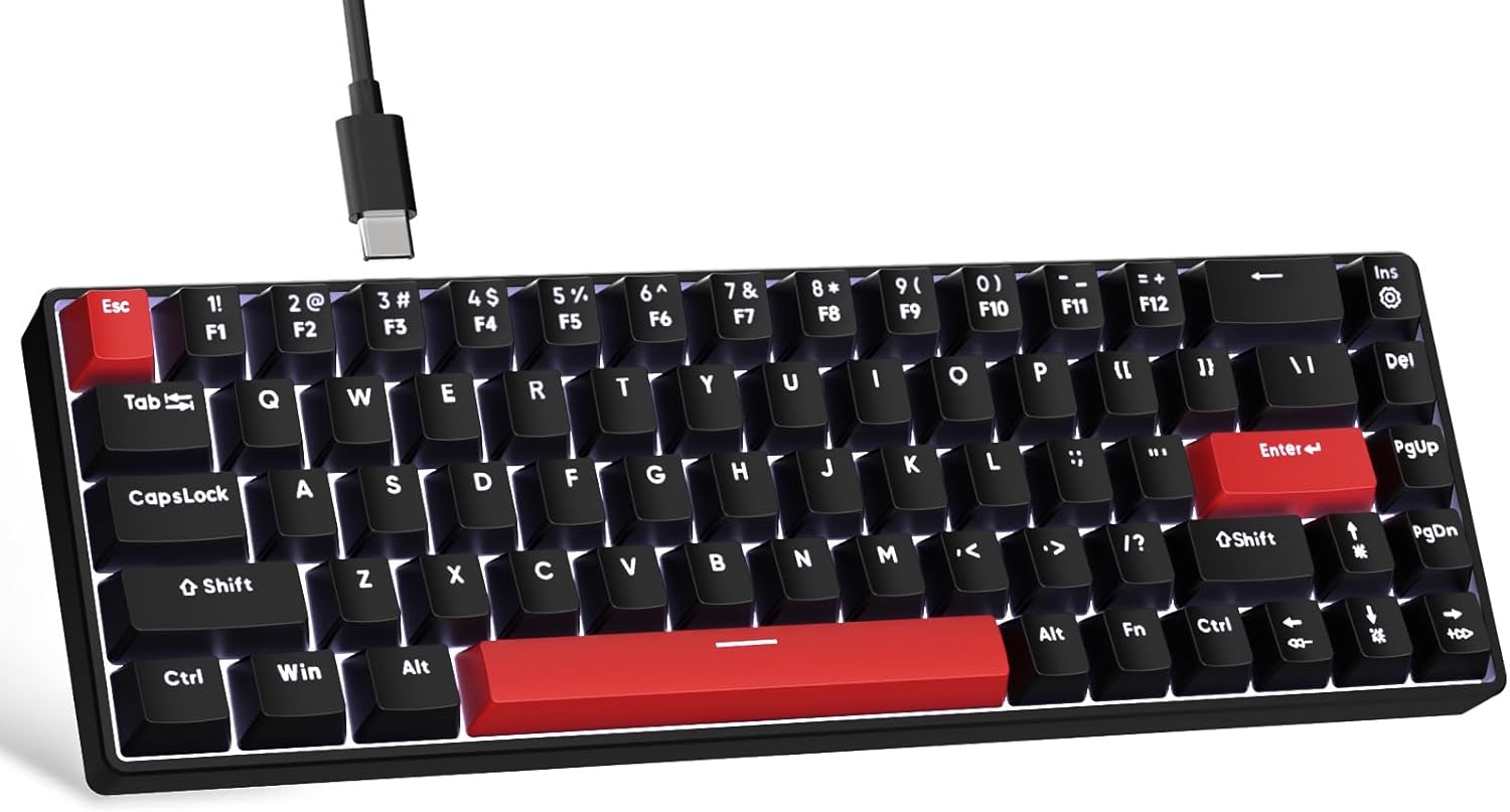 FFJ Portable 60% Mechanical Gaming Keyboard, Anti-ghostin, White LED Backlight, Compact 68 Keys Mini Wired Keyboard with Linear Red Switch for Windows Laptop PC Mac Gamer - Black - Image 2