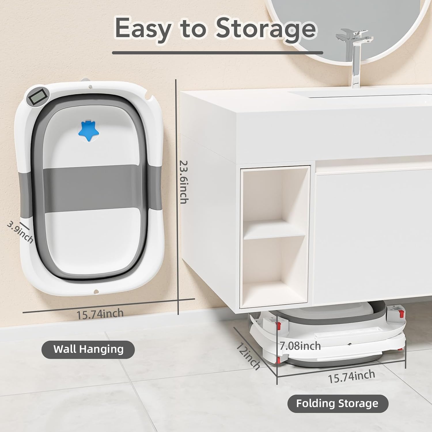 Collapsible Baby Bathtub,Baby Bath Tub with Soft Cushion & Thermometer,Baby Bathtub Newborn to Toddler 0-36 Months,Portable Travel Baby Tub,Gray - Image 6