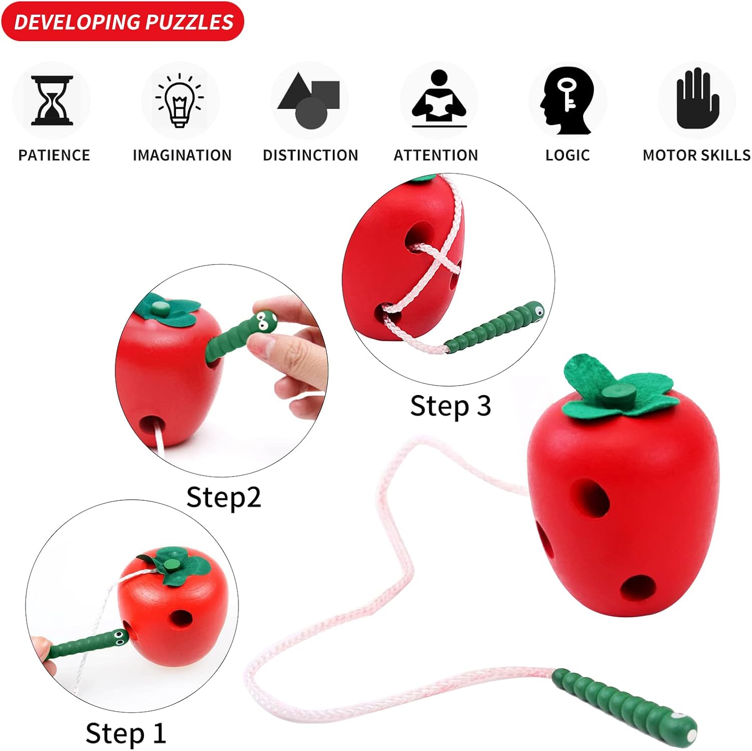 Early Development Wooden Lacing Toys, Montessori Activity Caterpillars Eat Apple and Kids Cheese Toys, Children Learning Educational Wood Block Puzzles for Toddlers Boys Girls - Image 3