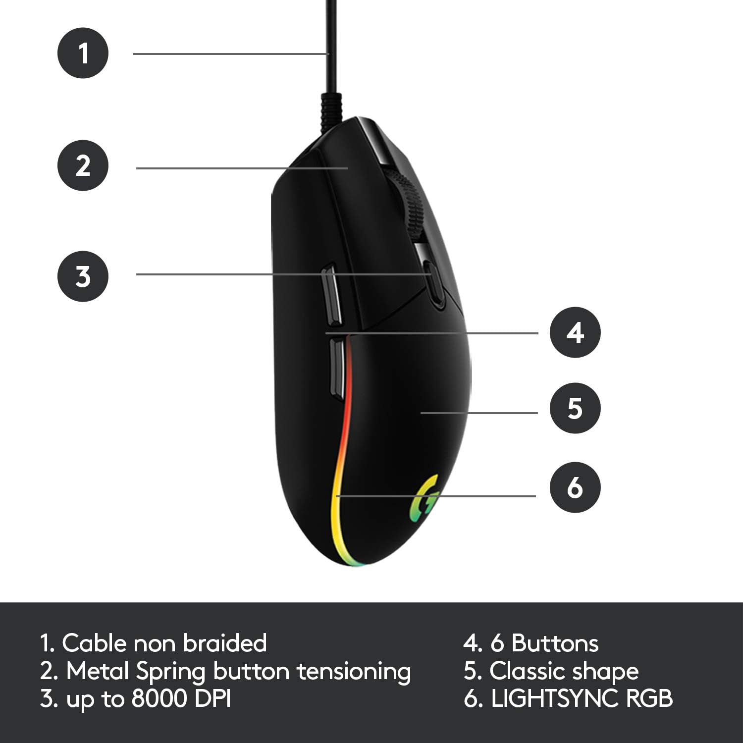 Logitech G203 Wired Gaming Mouse, 8,000 DPI, Rainbow Optical Effect LIGHTSYNC RGB, 6 Programmable Buttons, On-Board Memory, Screen Mapping, PC/Mac Computer and Laptop Compatible - Black - Image 7