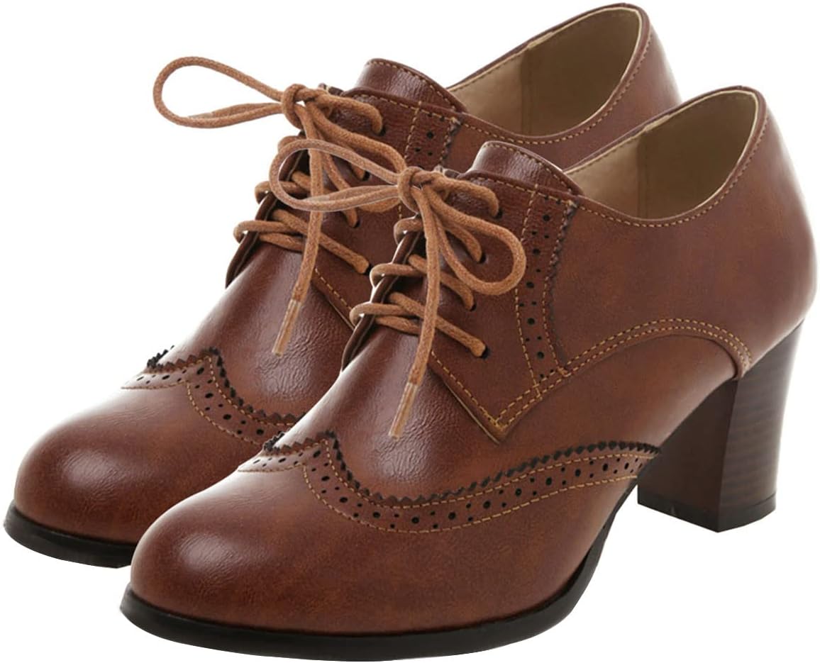 SHEMEE Women's Chunky High Heels Wingtip Oxfords Round Toe Lace Up Stacked Block Heel Vintage Brogues Pumps Shoes - Image 2