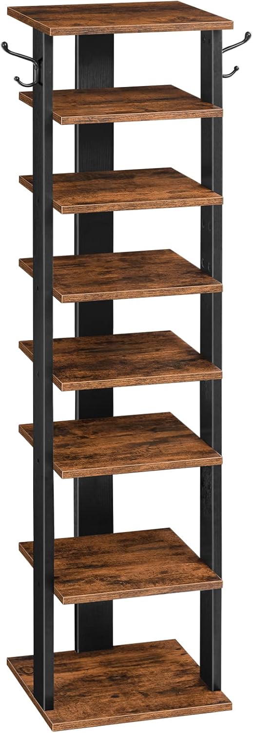 HOOBRO 8 Tiers Vertical Shoe Rack, Wooden Shoe Storage Organizer with Hooks, Narrow Shoe Tower for 8 Pairs, Space Saving, for Entryway, Living Room, Bedroom, Rustic Brown BF07XJ01G1 - Image 2