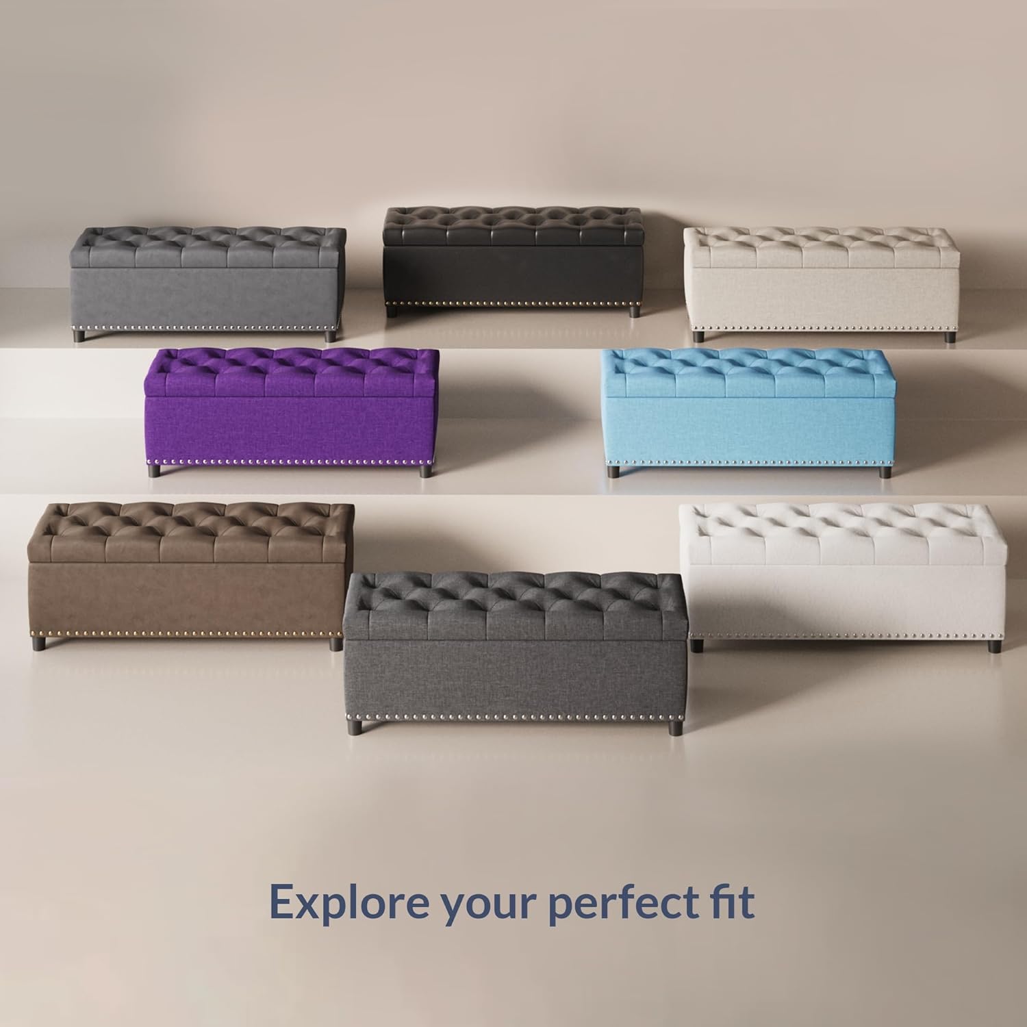 BELLEZE 47 Inch Storage Ottoman, Button-Tufted Ottoman Linen Storage Bench with Safety Close Hinge, Ottoman with Storage for Living Room, Entryway, Hallway, Foot Rest, Support 300lbs - Dark Gray - Image 5