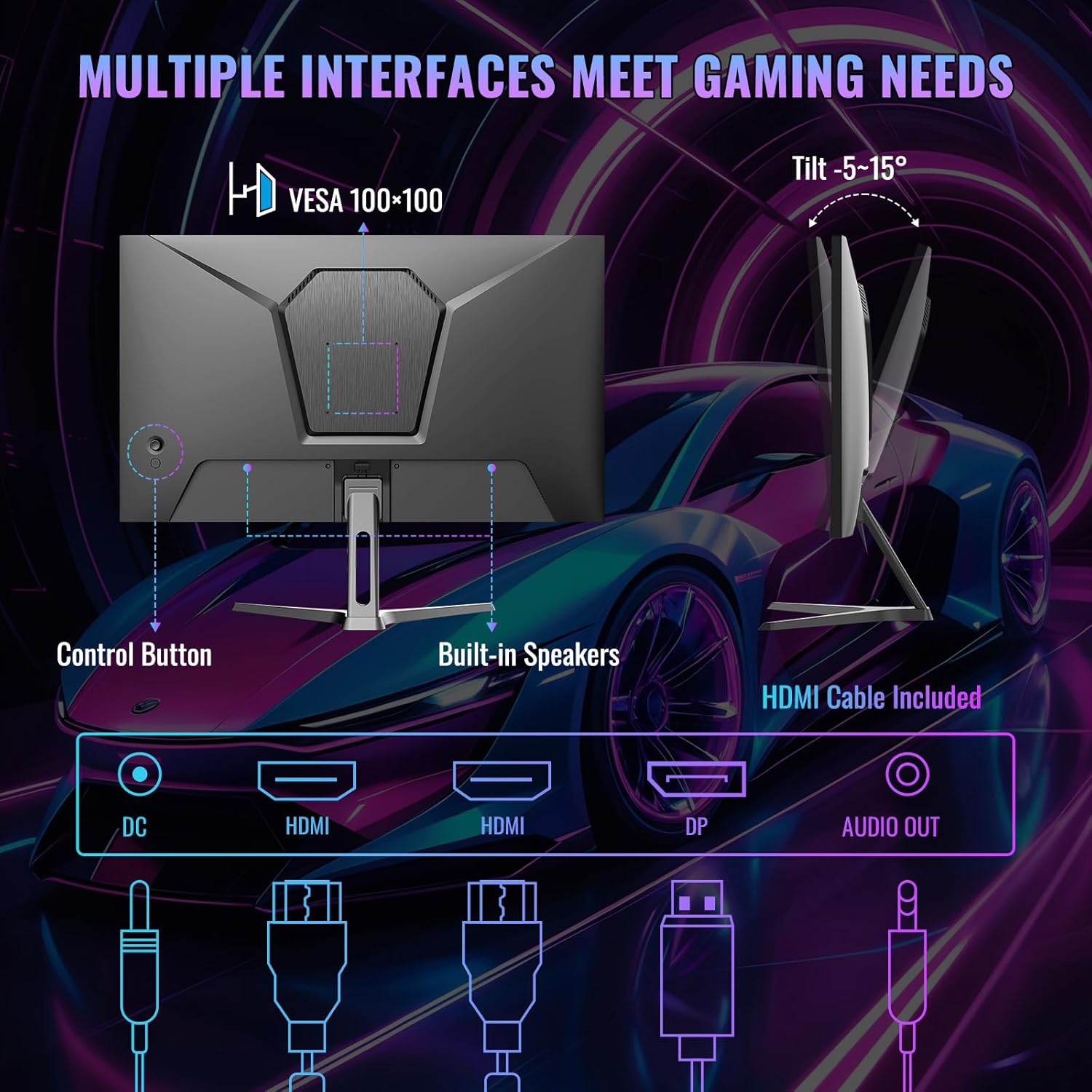 SANSUI 24 Inch Gaming Monitor 180Hz, Computer Monitor with Speakers 1*DP 2*HDMI Ports, FHD 1080P 110% sRGB VESA Support Eye Cares (One HDMI Cable Included ES-G24F4S) - Image 7
