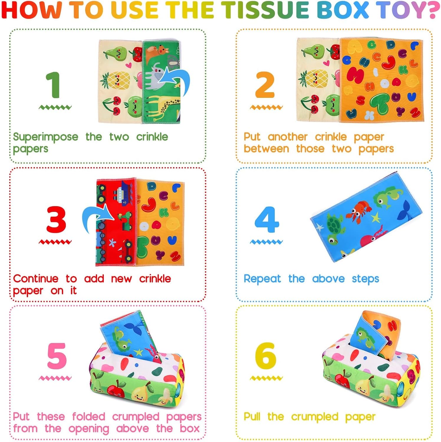 Baby Toys 6 to 12 Months - Tissue Box Toy Montessori for Babies 6-12 Months, Soft Stuffed High Contrast Crinkle Infant Sensory Toys, Boys&Girls Kids Early Learning Gifts - Image 6