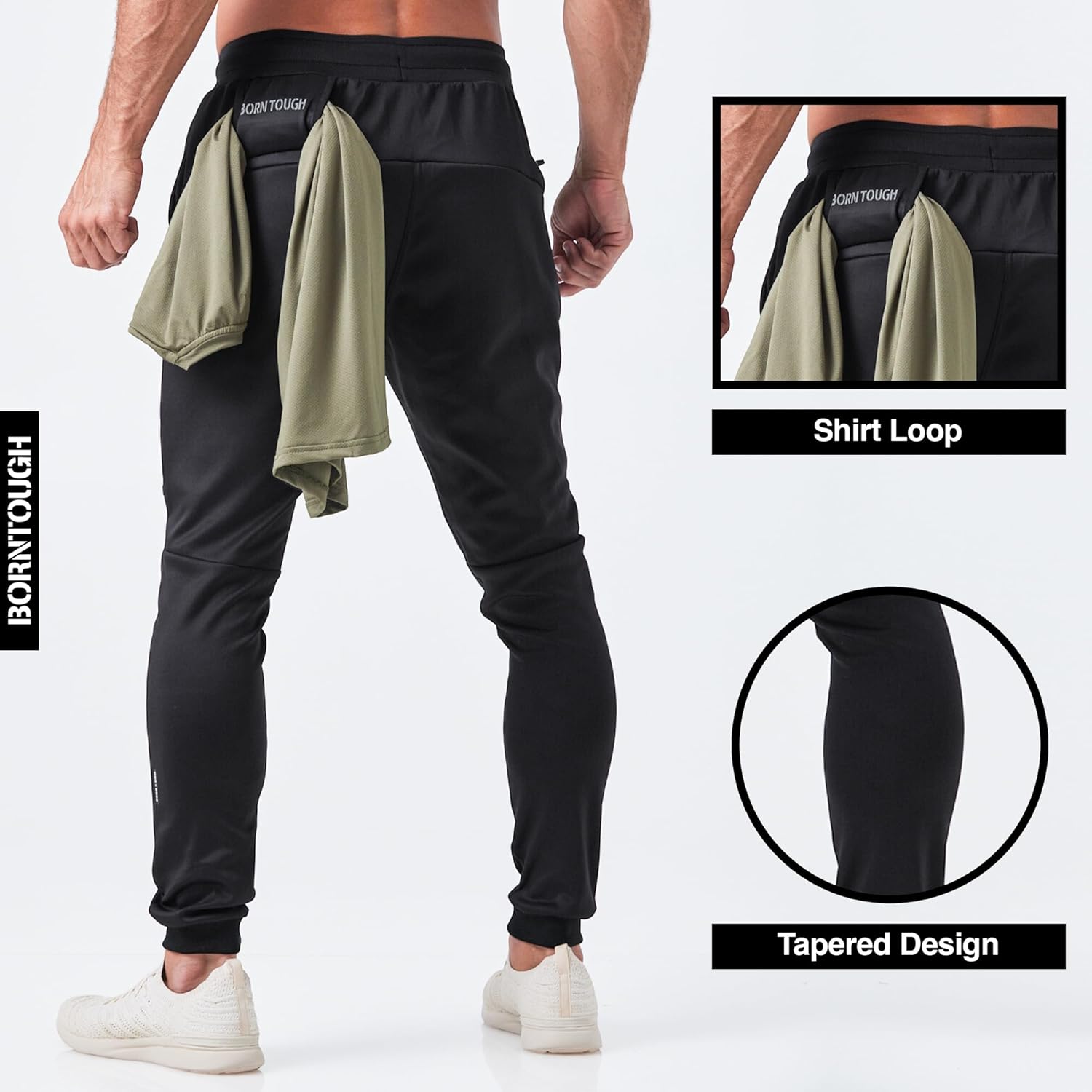 Born Tough Slim-Fit Mens Workout Joggers Pants, Tapered Bodybuilding Gym Joggers, Athletic Running Sweatpants Zipper Pockets - Image 4