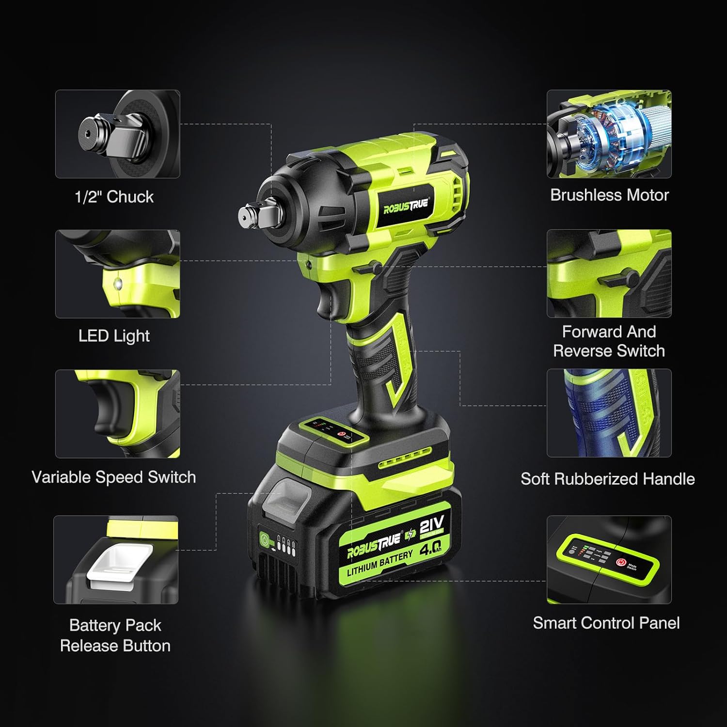 Cordless Impact Wrench, 406Ft-lbs (550N.m) Brushless 1/2 inch, 2800RPM High Torque Impact Gun, 2x 4.0Ah Battery, Charger, 4 Sockets, Electric Impact Wrench for Car Home - Image 10