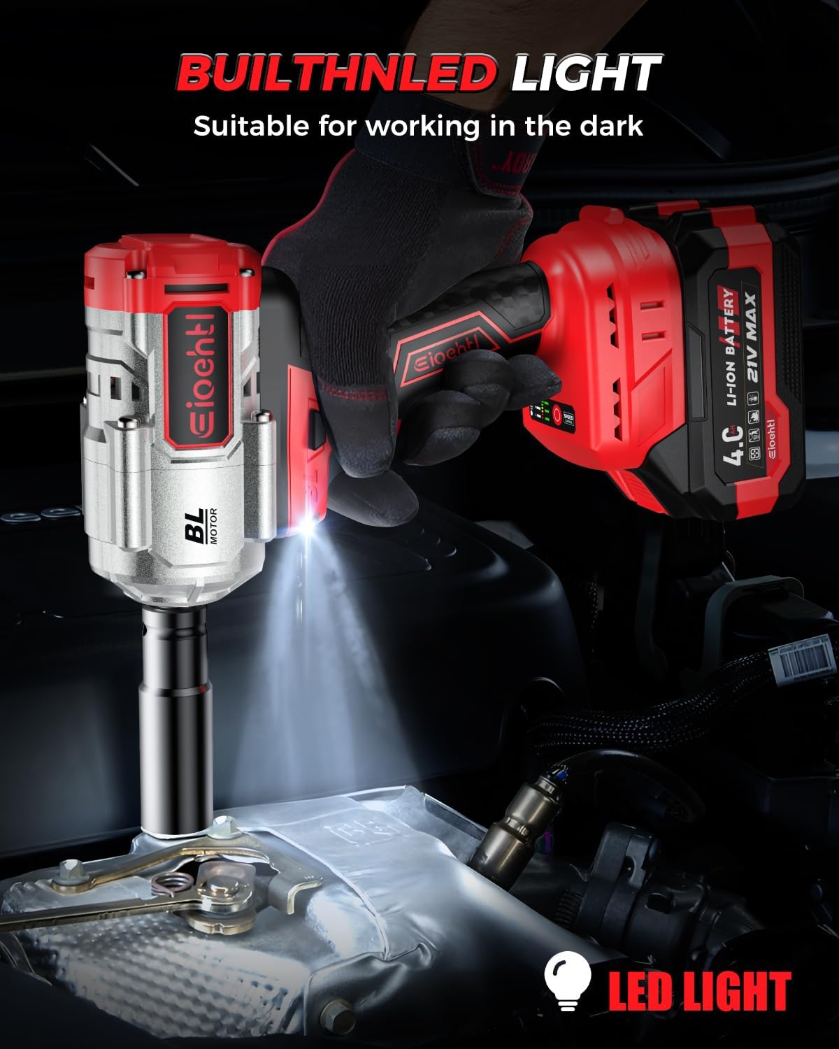 Cordless Impact Wrench, 1200Nm(900 Ft-lbs)1/2" Brushless Impact Gun, 2x4.0AH Batteries Electric Impact Motor Variable Speeds, 21V High Torque Power Impact Driver Ideal for Car, DIY, and Truck RV/Mower - Image 7