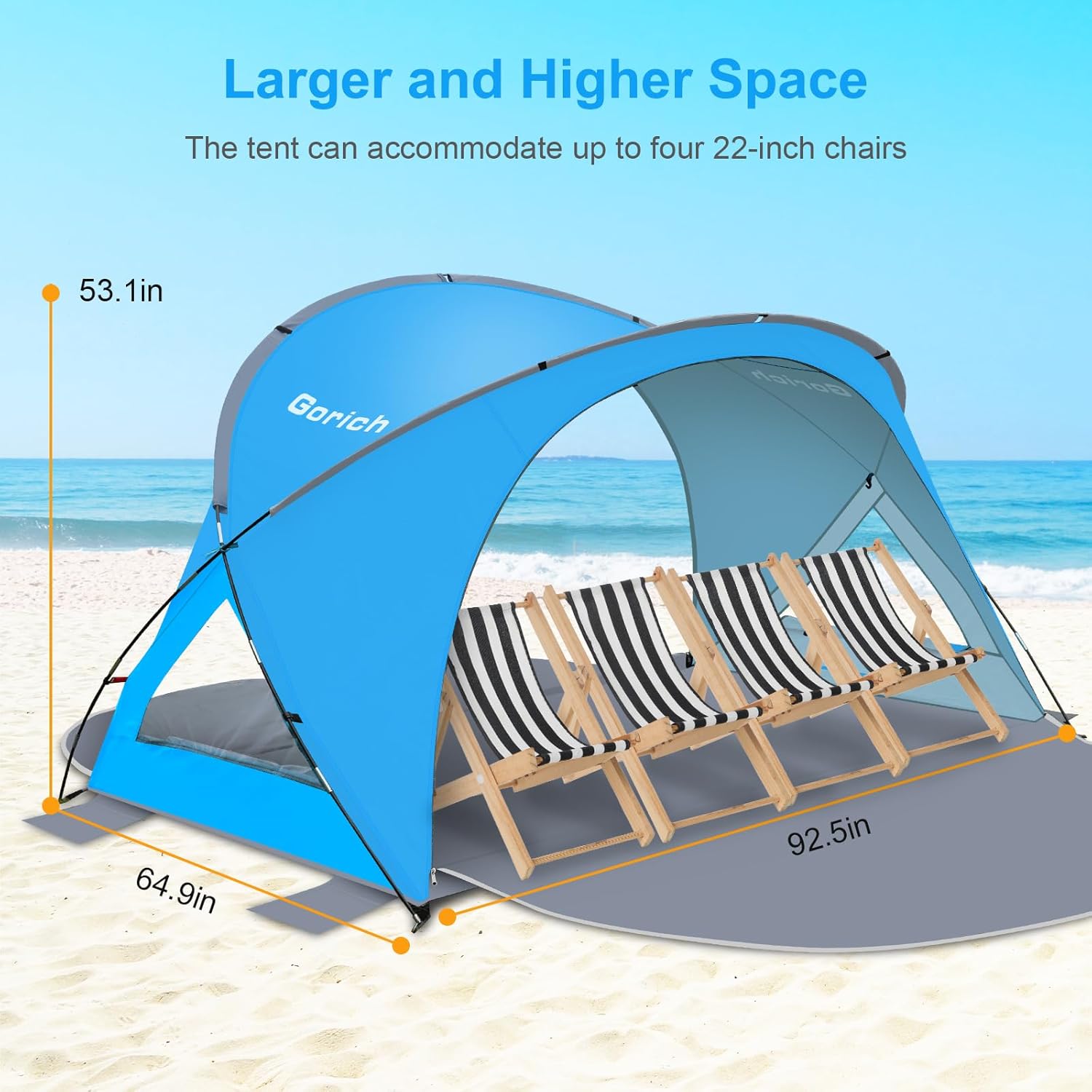 Gorich Beach Tent Sun Shelter with UPF50+ UV Protection for 3-6 Person, Lightweight & Portable Beach Shade Canopy with 2 Zippered Doors, Easy Setup Family Beach Umbrella - Image 7