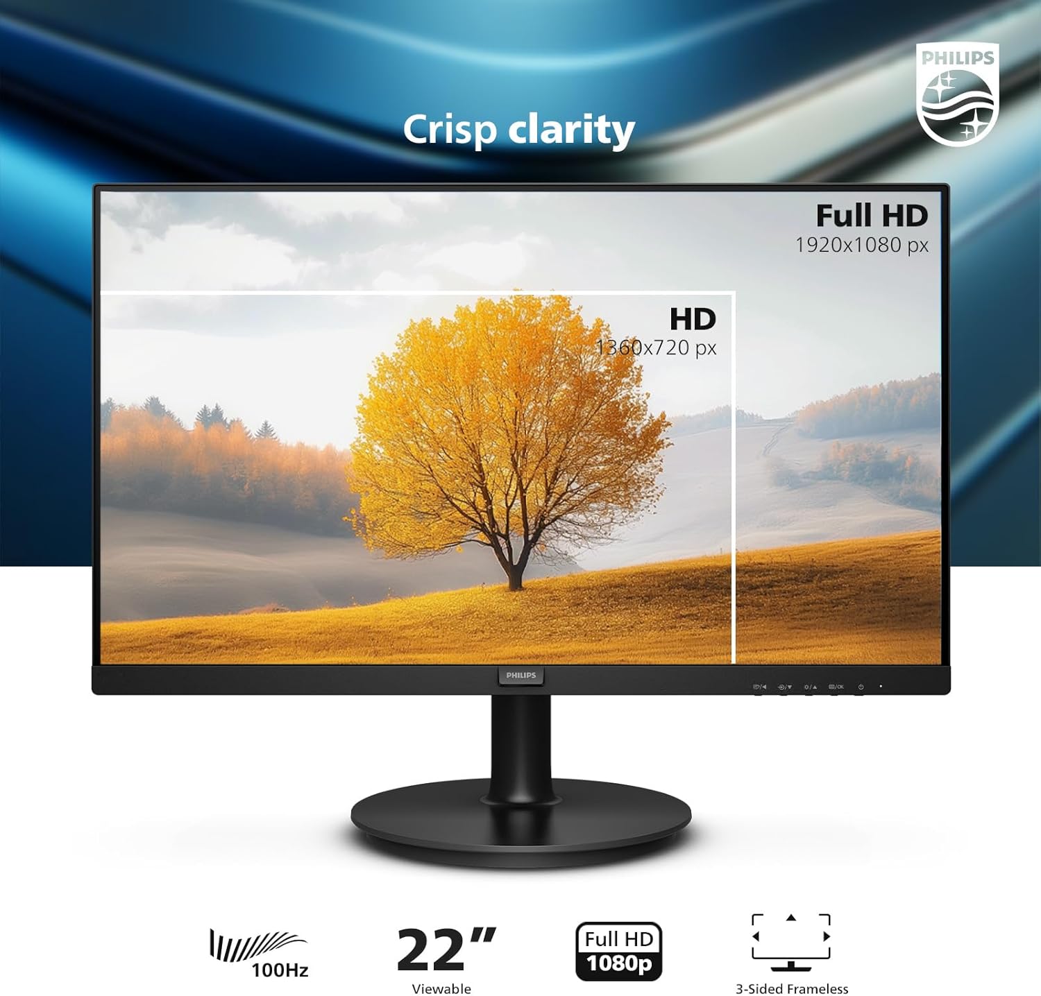 Philips 22 inch Class Thin Full HD (1920 x 1080) Monitor, 100Hz Refresh Rate, VESA, HDMI x1, VGA x1, LowBlue Mode, Adaptive Sync, 4 Year Advance Replacement Warranty, 221V8LB - Image 3