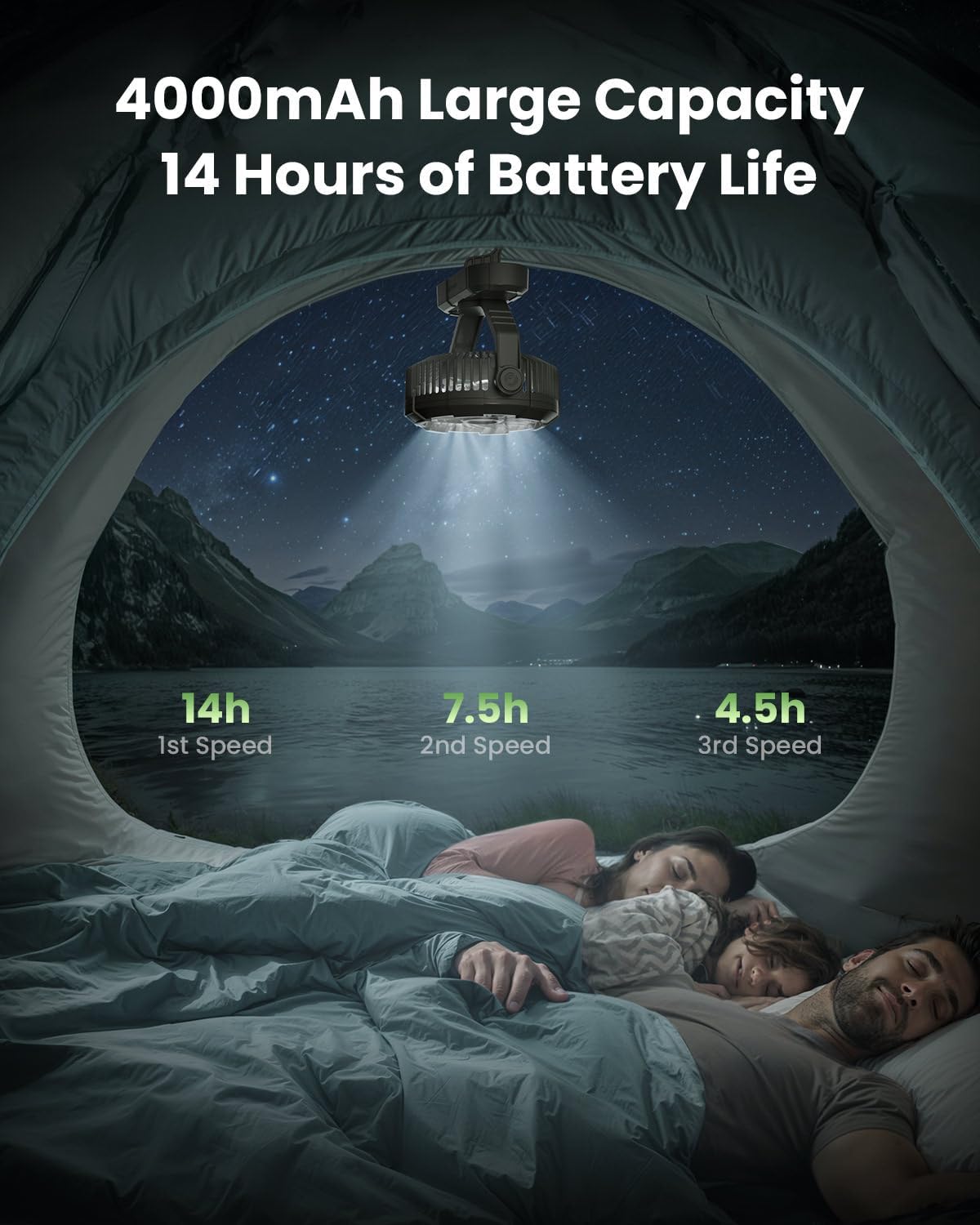 Gaiatop Portable Camping Fan with LED Lantern, Power Display 360° Head Rotation, Hanging Hook for Tent, 3 Speed Quiet Rechargeable, 4000mAh Battery Operated USB Fans for Indoor Outdoor Travel Black - Image 3