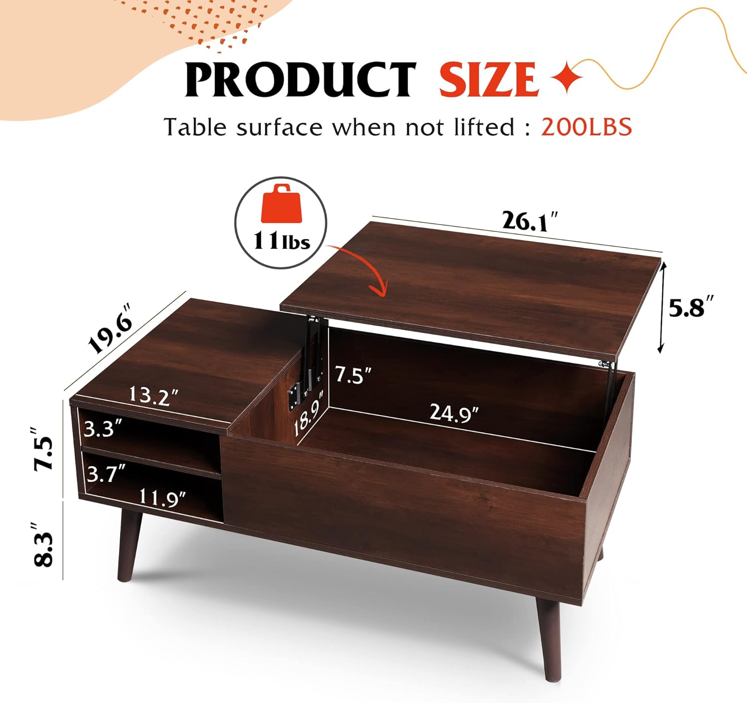 WLIVE Lift Top Coffee Table for Living Room,Small Coffee Table with Storage,Hidden Compartment and Adjustable Shelf,Mid Century Modern, Wood,Cherry,Espresso. - Image 4