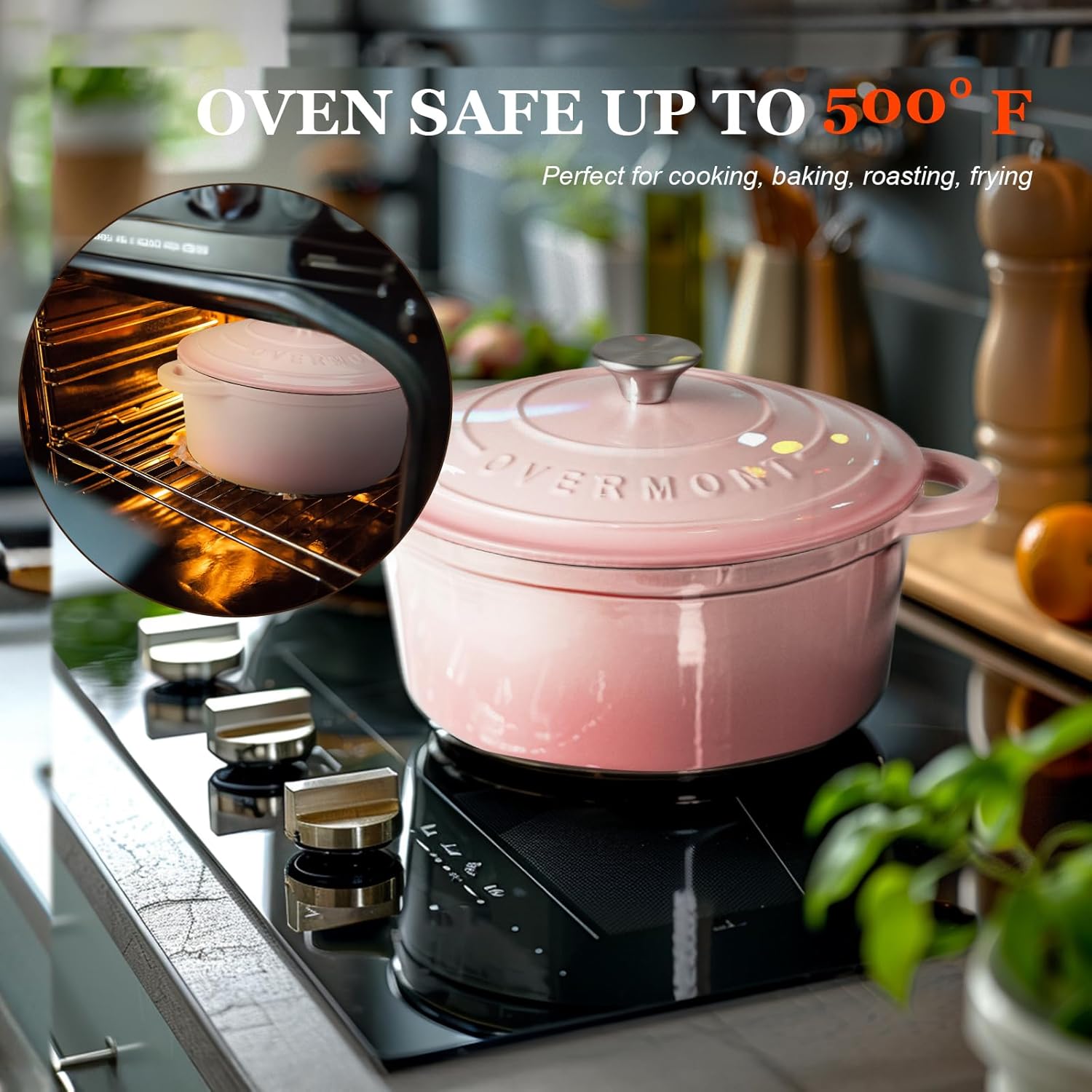 Overmont Enameled Cast Iron Dutch Oven - 5.5QT Pot with Lid Cookbook & Cotton Potholders - Heavy-Duty Cookware for Braising, Stews, Roasting, Bread Baking pink - Image 5
