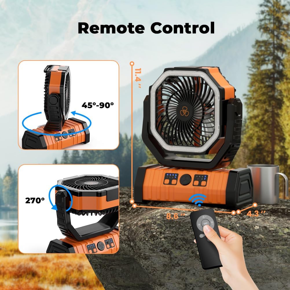 Camping Fan - 20000mAh Battery Powered Fan Rechargeable with LED Lantern - Portable Outdoor Tent Fans with Hanging Hook 4 Speeds Wind Remote Control - Image 7