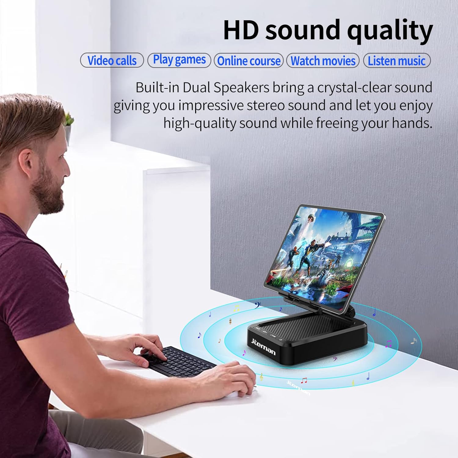 JTEMAN Tablet Stand Adjustable with Bluetooth Speakers,Kitchen Gadgets,Gifts for Women Men,Wireless Bluetooth Speaker Tablet Holder,Desk Mic Charging Sation Compatible with Phones and Tablet - Image 4